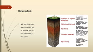 Soil has three main
horizons which are
A, B and C but we
also consider O,E
and R also.
Horizons of soil:
8
 