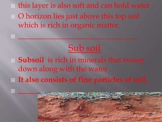  this layer is also soft and can hold water
 O horizon lies just above this top soil
which is rich in organic matter.
 ________________________________
Sub soil
 Subsoil is rich in minerals that sweep
down along with the water .
 It also consists of fine particles of soil.
 ________________________________
 