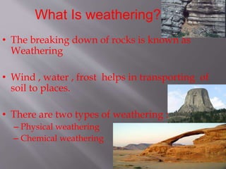 What Is weathering??
• The breaking down of rocks is known as
Weathering
• Wind , water , frost helps in transporting of
soil to places.
• There are two types of weathering :
– Physical weathering
– Chemical weathering
 