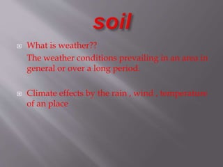  What is weather??
The weather conditions prevailing in an area in
general or over a long period.
 Climate effects by the rain , wind , temperature
of an place
 