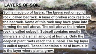 LAYERS OF SOIL
Soil is made up of layers. The layers rest on solid
rock, called bedrock. A layer of broken rock rests on
the bedrock. Some of this rock may have gone into
forming the soil above. The soil above the broken
rock is called subsoil. Subsoil contains mostly
minerals and a small amount of humus. Only the
deepest plant roots reach the subsoil. The top layer
is called topsoil. Topsoil contains a lot of humus. It
is the layer where plants grow.
 
