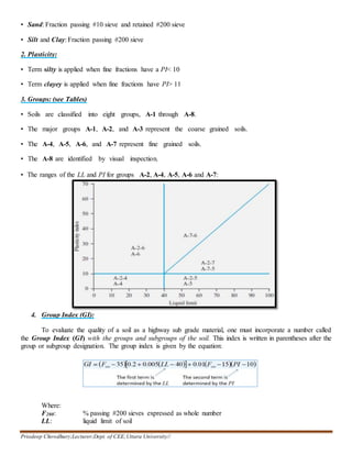 Priodeep Chowdhury;Lecturer;Dept. of CEE;Uttara University//
• Sand: Fraction passing #10 sieve and retained #200 sieve
• Silt and Clay: Fraction passing #200 sieve
2. Plasticity:
• Term silty is applied when fine fractions have a PI< 10
• Term clayey is applied when fine fractions have PI> 11
3. Groups: (see Tables)
• Soils are classified into eight groups, A-1 through A-8.
• The major groups A-1, A-2, and A-3 represent the coarse grained soils.
• The A-4, A-5, A-6, and A-7 represent fine grained soils.
• The A-8 are identified by visual inspection.
• The ranges of the LL and PI for groups A-2, A-4, A-5, A-6 and A-7:
4. Group Index (GI):
To evaluate the quality of a soil as a highway sub grade material, one must incorporate a number called
the Group Index (GI) with the groups and subgroups of the soil. This index is written in parentheses after the
group or subgroup designation. The group index is given by the equation:
Where:
F200: % passing #200 sieves expressed as whole number
LL: liquid limit of soil
 