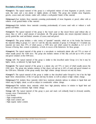 Priodeep Chowdhury;Lecturer;Dept. of CEE;Uttara University//
Description of Groups & Sub-groups
•GroupA-1: The typical material of this group is a well-graded mixture of stone fragments or gravels, coarse
sand, fine sand, and a non plastic or slightly plastics oil binder. This group also includes stone fragments,
gravels, coarse sand, and volcanic cinder setC, without a well-graded binder of fine material.
•SubgroupA-1-a: includes those materials consisting predominantly of stone fragments or gravel, either with or
without a well graded binder of fine material.
•SubgroupA-1-b: includes those materials consisting predominantly of coarse sand with or without a well-
graded soil binder.
•GroupA-3: The typical material of this group is fine beach sand or fine desert blown sand without silty or
clayey fines or with a small amount of non-plastic silt. This group includes also stream deposited mixtures of
poorly graded fine sand and limited amounts of coarse sand and gravel.
•GroupA-2: This group includes a wide variety of “granular” materials, which are at the border line between
the materials falling in groups A-1 and A-3 and the silty-clay materials of group A-4 through A-7. It include any
materials not more than 35% of which passes a #200 sieve and which cannot be classified as A-1 or A-3
because of having fines content or plasticity, or both, in excess of the limitations for those groups.
•GroupA-4: The typical material of this group is a non-plastic or moderately plastic silty soil 75% or more of
which usually passes the #200 sieve. The group also includes mixture of fine silty soil and up to 64% of sand
and gravel retained on the #200 sieve.
•Group A-5: The typical material of this group is similar to that described under Group A-4, but it may be
highly elastic, as indicated by high liquid limit.
•GroupA-6: The typical material of this group is a plastic clay soil 75% or more of which usually passes the
#200 sieve. The group also includes mixtures of fine clayey soil and up to 64% of sand and gravel retained on
the #200 sieve. Materials of this group usually have high volume change between wet and dry states.
•GroupA-7: The typical material of this group is similar to that described under GroupA-6, but it has the high
liquid limits characteristics of the A-5 group and may be elastic as well as subject to high volume change.
•SubgroupA-7-5: includes those materials which have moderate plasticity indexes in relation to liquid limit and
which may be highly elastic as well as subject to considerable volume change.
•SubgroupA-7-6: includes those materials which have high plasticity indexes in relation to liquid limit and
which are subject to extremely high volume change.
•Group A-8: The typical material of this group is peat and muck soil ordinarily found in obviously unstable,
swampy areas. Characterized by:
- Low density
- High compressibility
- High water content and
- High organic matter content.
 