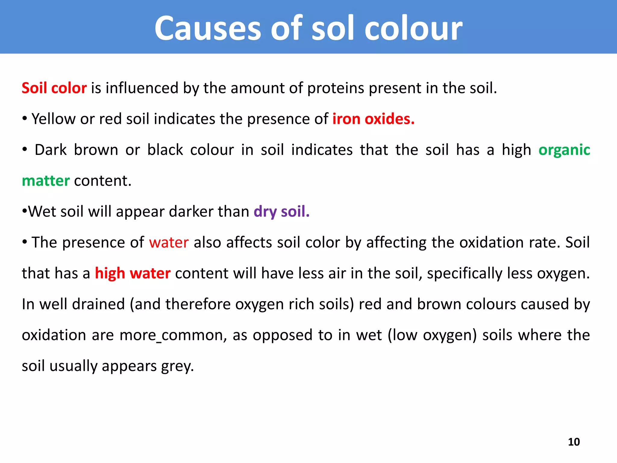 Causes of sol colour 
Soil color is influenced by the amount of proteins present in the soil. 
• Yellow or red soil indicates the presence of iron oxides. 
• Dark brown or black colour in soil indicates that the soil has a high organic 
matter content. 
•Wet soil will appear darker than dry soil. 
• The presence of water also affects soil color by affecting the oxidation rate. Soil 
that has a high water content will have less air in the soil, specifically less oxygen. 
In well drained (and therefore oxygen rich soils) red and brown colours caused by 
oxidation are more common, as opposed to in wet (low oxygen) soils where the 
soil usually appears grey. 
10 
 