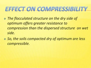 The flocculated structure on the dry side of
optimum offers greater resistance to
compression than the dispersed structure on wet
side.
So, the soils compacted dry of optimum are less
compressible.
 