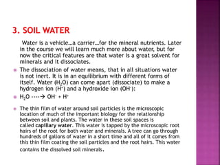 Water is a vehicle…a carrier…for the mineral nutrients. Later
in the course we will learn much more about water, but for
now the critical features are that water is a great solvent for
minerals and it dissociates.
 The dissociation of water means, that in all situations water
is not inert. It is in an equilibrium with different forms of
itself. Water (H2O) can come apart (dissociate) to make a
hydrogen ion (H+) and a hydroxide ion (OH-):
 H2O ---- OH- + H+
 The thin film of water around soil particles is the microscopic
location of much of the important biology for the relationship
between soil and plants. The water in these soil spaces is
called capillary water. This water is tapped by the microscopic root
hairs of the root for both water and minerals. A tree can go through
hundreds of gallons of water in a short time and all of it comes from
this thin film coating the soil particles and the root hairs. This water
contains the dissolved soil minerals.
 