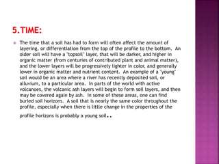  The time that a soil has had to form will often affect the amount of
layering, or differentiation from the top of the profile to the bottom. An
older soil will have a "topsoil" layer, that will be darker, and higher in
organic matter (from centuries of contributed plant and animal matter),
and the lower layers will be progressively lighter in color, and generally
lower in organic matter and nutrient content. An example of a "young"
soil would be an area where a river has recently deposited soil, or
alluvium, to a particular area. In parts of the world with active
volcanoes, the volcanic ash layers will begin to form soil layers, and then
may be covered again by ash. In some of these areas, one can find
buried soil horizons. A soil that is nearly the same color throughout the
profile, especially when there is little change in the properties of the
profile horizons is probably a young soil..
 
