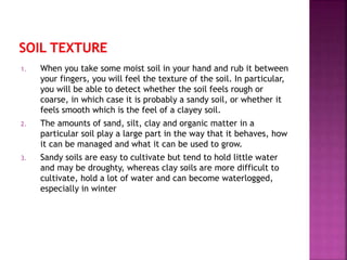 1. When you take some moist soil in your hand and rub it between
your fingers, you will feel the texture of the soil. In particular,
you will be able to detect whether the soil feels rough or
coarse, in which case it is probably a sandy soil, or whether it
feels smooth which is the feel of a clayey soil.
2. The amounts of sand, silt, clay and organic matter in a
particular soil play a large part in the way that it behaves, how
it can be managed and what it can be used to grow.
3. Sandy soils are easy to cultivate but tend to hold little water
and may be droughty, whereas clay soils are more difficult to
cultivate, hold a lot of water and can become waterlogged,
especially in winter
 