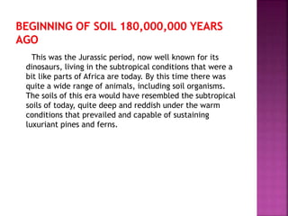 This was the Jurassic period, now well known for its
dinosaurs, living in the subtropical conditions that were a
bit like parts of Africa are today. By this time there was
quite a wide range of animals, including soil organisms.
The soils of this era would have resembled the subtropical
soils of today, quite deep and reddish under the warm
conditions that prevailed and capable of sustaining
luxuriant pines and ferns.
 