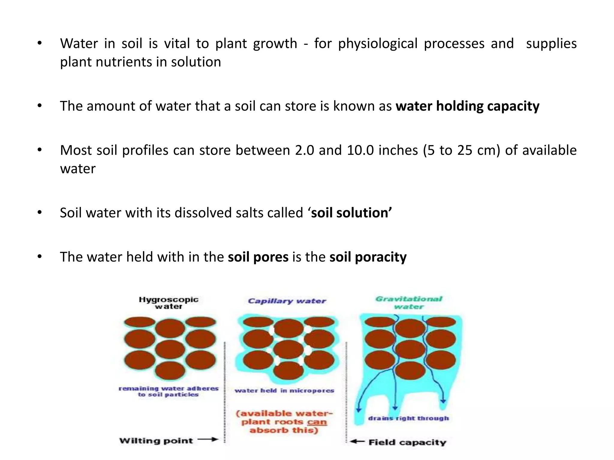 • Water in soil is vital to plant growth - for physiological processes and supplies
plant nutrients in solution
• The amount of water that a soil can store is known as water holding capacity
• Most soil profiles can store between 2.0 and 10.0 inches (5 to 25 cm) of available
water
• Soil water with its dissolved salts called ‘soil solution’
• The water held with in the soil pores is the soil poracity
 