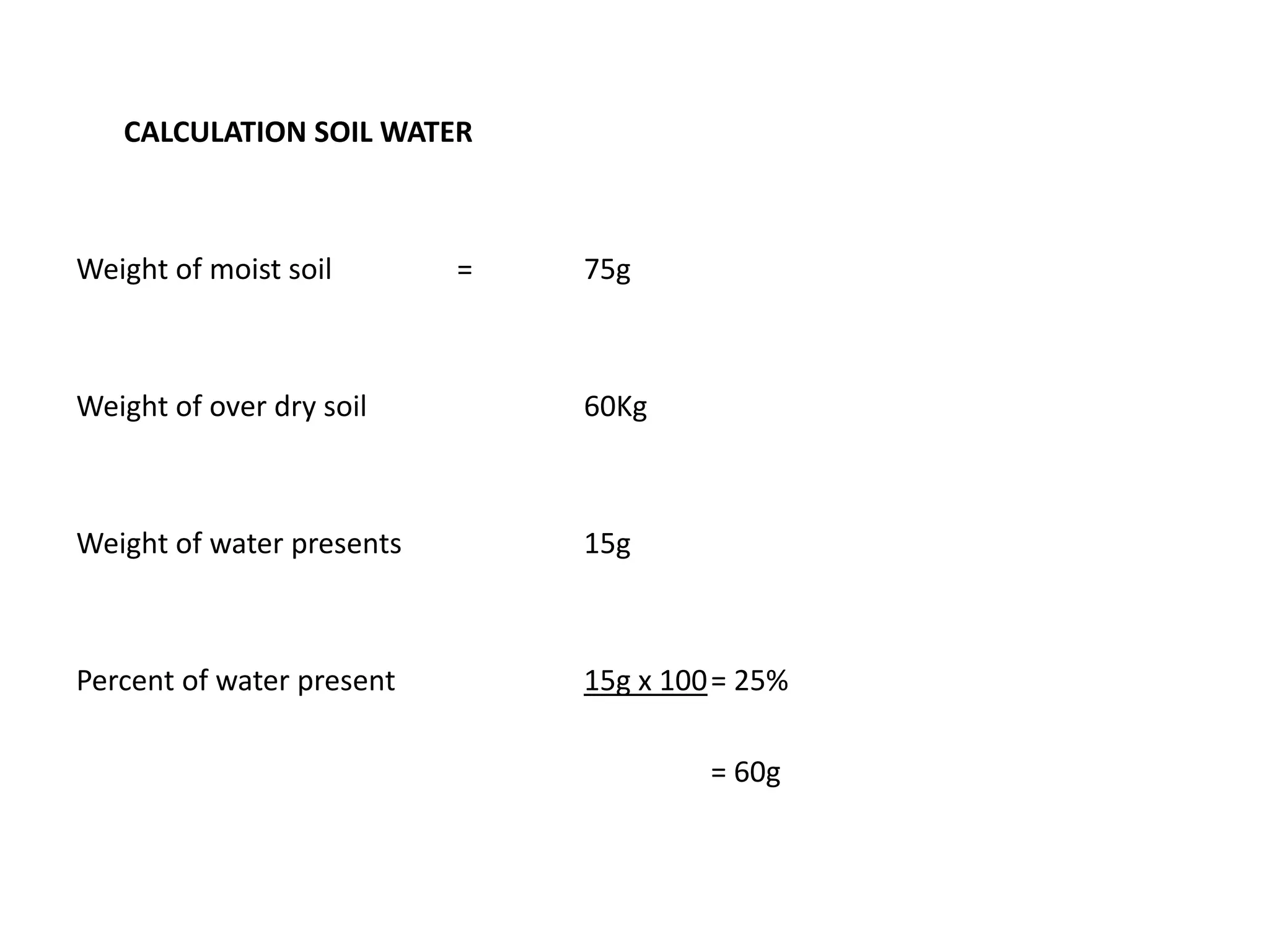 CALCULATION SOIL WATER
Weight of moist soil = 75g
Weight of over dry soil 60Kg
Weight of water presents 15g
Percent of water present 15g x 100= 25%
= 60g
 