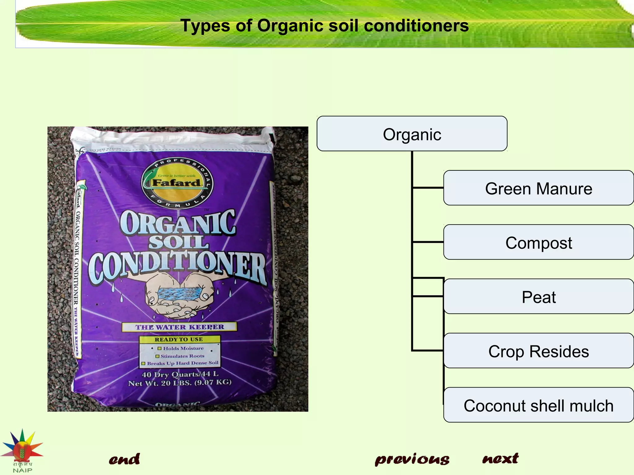 Organic
Green Manure
Compost
Peat
Crop Resides
Coconut shell mulch
Types of Organic soil conditioners
 