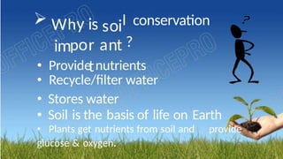 • Stores water
• Soil is the basis of life on Earth
• Plants get nutrients from soil and provide
glucose & oxygen.
l
?
conservation
nt
oi
a
s
r
t
is
o
y
p
h
im
W
• Recycle/filter water
• Provide nutrients
 