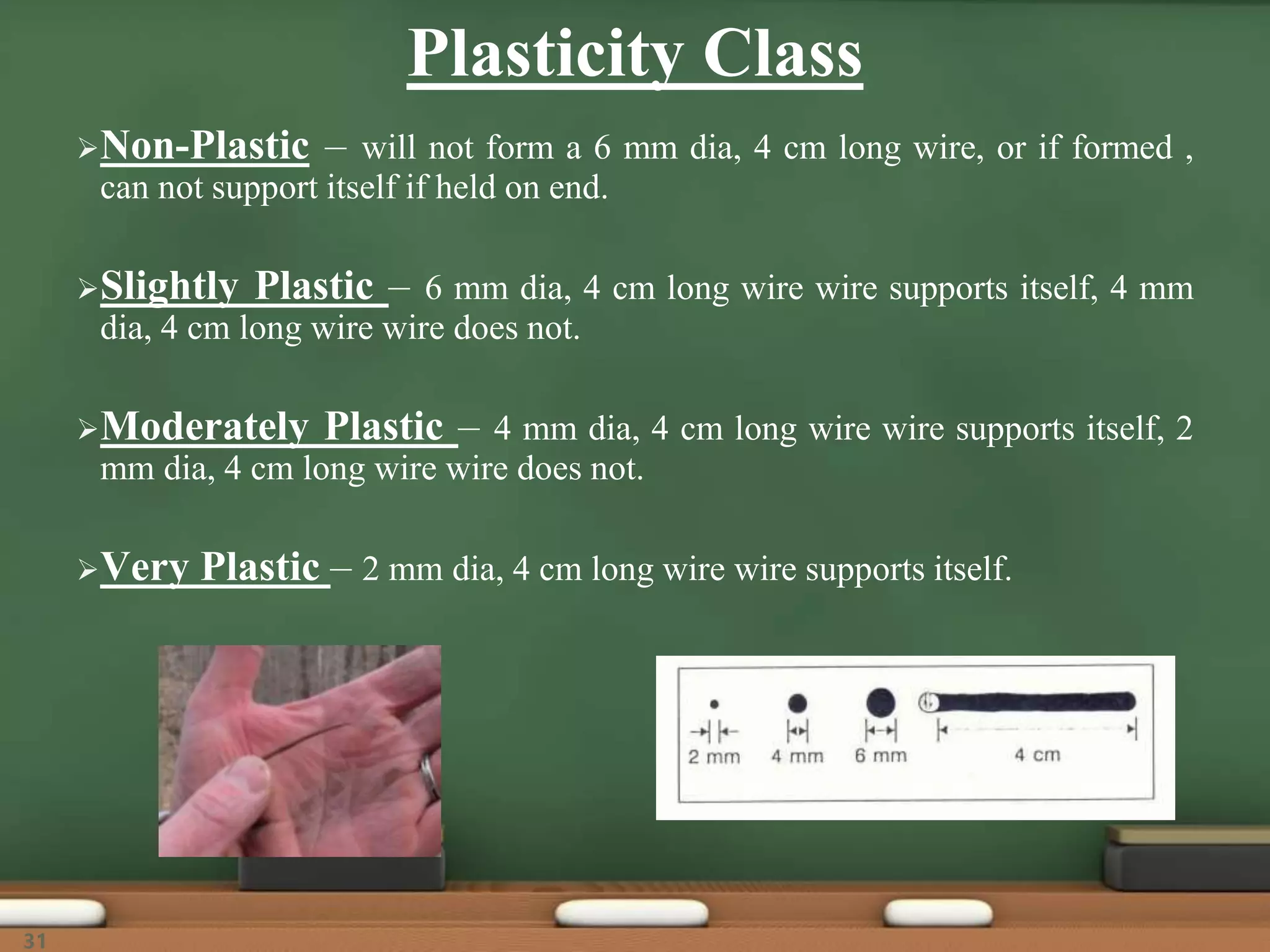 Plasticity Class
Non-Plastic – will not form a 6 mm dia, 4 cm long wire, or if formed ,
can not support itself if held on end.
Slightly Plastic – 6 mm dia, 4 cm long wire wire supports itself, 4 mm
dia, 4 cm long wire wire does not.
Moderately Plastic – 4 mm dia, 4 cm long wire wire supports itself, 2
mm dia, 4 cm long wire wire does not.
Very Plastic – 2 mm dia, 4 cm long wire wire supports itself.
31
 