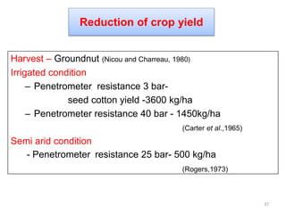 Reduction of crop yield
Harvest – Groundnut (Nicou and Charreau, 1980)
Irrigated condition
– Penetrometer resistance 3 bar-
seed cotton yield -3600 kg/ha
– Penetrometer resistance 40 bar - 1450kg/ha
(Carter et al.,1965)
Semi arid condition
- Penetrometer resistance 25 bar- 500 kg/ha
(Rogers,1973)
37
 