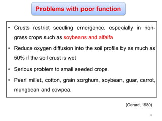 Problems with poor function
• Crusts restrict seedling emergence, especially in non-
grass crops such as soybeans and alfalfa
• Reduce oxygen diffusion into the soil profile by as much as
50% if the soil crust is wet
• Serious problem to small seeded crops
• Pearl millet, cotton, grain sorghum, soybean, guar, carrot,
mungbean and cowpea.
(Gerard, 1980)
38
 