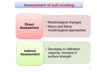 Assessment of soil crusting
• Morphological changes
• Macro and Micro
morphological approaches
Direct
Assessment
• Decrease in infiltration
capacity, increase in
surface strength
Indirect
Assessment
9
 