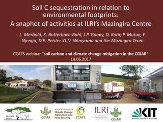 Soil	C	sequestration	in	relation	to	
environmental footprints:	
A	snaphot of activities	at	ILRI’s	Mazingira Centre
L.	Merbold,	K.	Butterbach-Bahl,	J.P.	Goopy,	D.	Korir,	P.	Mutuo,	F.	
Njenga,	D.E.	Pelster,	G.N.	Wanyama and	the	Mazingira Team
CCAFS	webinar	”soil	carbon	and	climate	change	mitigation	in	the CGIAR”
19.06.2017
 