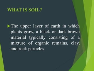 WHAT IS SOIL?
The upper layer of earth in which
plants grow, a black or dark brown
material typically consisting of a
mixture of organic remains, clay,
and rock particles
 