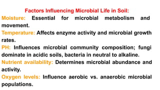 Factors Influencing Microbial Life in Soil:
Moisture: Essential for microbial metabolism and
movement.
Temperature: Affects enzyme activity and microbial growth
rates.
PH: Influences microbial community composition; fungi
dominate in acidic soils, bacteria in neutral to alkaline.
Nutrient availability: Determines microbial abundance and
activity.
Oxygen levels: Influence aerobic vs. anaerobic microbial
populations.
 