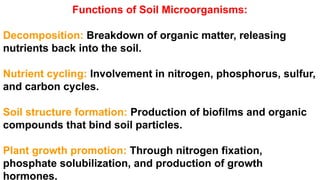 Functions of Soil Microorganisms:
Decomposition: Breakdown of organic matter, releasing
nutrients back into the soil.
Nutrient cycling: Involvement in nitrogen, phosphorus, sulfur,
and carbon cycles.
Soil structure formation: Production of biofilms and organic
compounds that bind soil particles.
Plant growth promotion: Through nitrogen fixation,
phosphate solubilization, and production of growth
hormones.
 