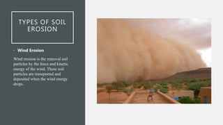 TYPES OF SOIL
EROSION
• Wind Erosion
Wind erosion is the removal soil
particles by the force and kinetic
energy of the wind. These soil
particles are transported and
deposited when the wind energy
drops.
 