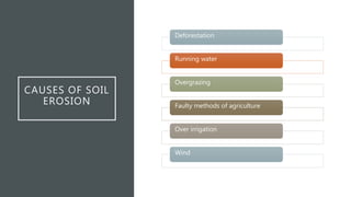 CAUSES OF SOIL
EROSION
Deforestation
Running water
Overgrazing
Faulty methods of agriculture
Over irrigation
Wind
 
