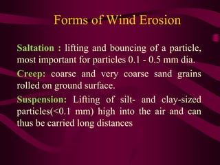 Forms of Wind Erosion
Saltation : lifting and bouncing of a particle,
most important for particles 0.1 - 0.5 mm dia.
Creep: coarse and very coarse sand grains
rolled on ground surface.
Suspension: Lifting of silt- and clay-sized
particles(<0.1 mm) high into the air and can
thus be carried long distances
 