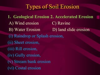 Types of Soil Erosion
1. Geological Erosion 2. Accelerated Erosion
A) Wind erosion C) Ravine
B) Water Erosion D) land slide erosion
(i) Raindrop or Splash erosion,
(ii) Sheet erosion,
(iii) Rill erosion,
(iv) Gully erosion,
(v) Stream bank erosion
(vi) Costal erosion
 