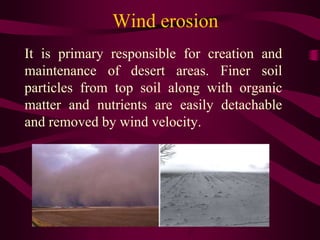 Wind erosion
It is primary responsible for creation and
maintenance of desert areas. Finer soil
particles from top soil along with organic
matter and nutrients are easily detachable
and removed by wind velocity.
 