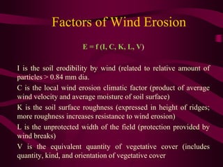 Factors of Wind Erosion
E = f (I, C, K, L, V)
I is the soil erodibility by wind (related to relative amount of
particles > 0.84 mm dia.
C is the local wind erosion climatic factor (product of average
wind velocity and average moisture of soil surface)
K is the soil surface roughness (expressed in height of ridges;
more roughness increases resistance to wind erosion)
L is the unprotected width of the field (protection provided by
wind breaks)
V is the equivalent quantity of vegetative cover (includes
quantity, kind, and orientation of vegetative cover
 