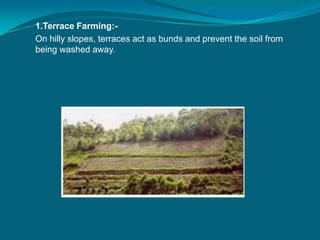 1.Terrace Farming:-
On hilly slopes, terraces act as bunds and prevent the soil from
being washed away.
 