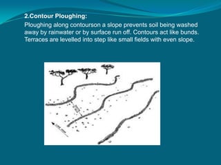 2.Contour Ploughing:
Ploughing along contourson a slope prevents soil being washed
away by rainwater or by surface run off. Contours act like bunds.
Terraces are levelled into step like small fields with even slope.
 