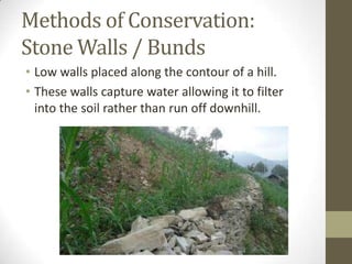 Methods of Conservation:
Stone Walls / Bunds
• Low walls placed along the contour of a hill.
• These walls capture water allowing it to filter
into the soil rather than run off downhill.
 