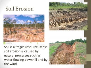 Soil Erosion
Soil is a fragile resource. Most
soil erosion is caused by
natural processes such as
water flowing downhill and by
the wind.
 