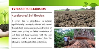 TYPES OF SOIL EROSION
Accelerated Soil Erosion:
It occurs due to disturbance in natural
equilibrium by the activity of men and animal
through land mismanagement, destruction of
forests, over grazing etc. When the removal of
soil does not keep harmony with the soil
formation and it is much faster than the
latter, it is called accelerated soil erosion.
 