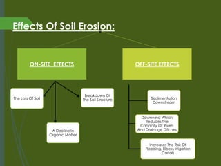 Effects Of Soil Erosion: ON-SITE EFFECTSOFF-SITE EFFECTS 
The Loss Of Soil 
Breakdown Of The Soil Structure 
A Decline In Organic Matter 
Sedimentation Downstream 
Downwind Which Reduces The Capacity Of Rivers And Drainage Ditches 
Increases The Risk Of Flooding, Blocks Irrigation Canals  
