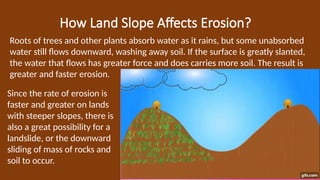 How Land Slope Affects Erosion?
Roots of trees and other plants absorb water as it rains, but some unabsorbed
water still flows downward, washing away soil. If the surface is greatly slanted,
the water that flows has greater force and does carries more soil. The result is
greater and faster erosion.
Since the rate of erosion is
faster and greater on lands
with steeper slopes, there is
also a great possibility for a
landslide, or the downward
sliding of mass of rocks and
soil to occur.
 
