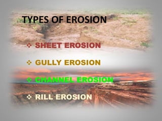 TYPES OF EROSION
 SHEET EROSION
 GULLY EROSION
 CHANNEL EROSION
 RILL EROSION
 