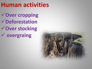 Human activities
Over cropping
Deforestation
Over stocking
 overgraing
 