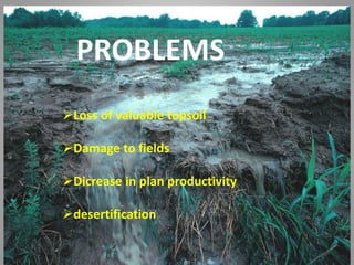 PROBLEMS
Loss of valuable topsoil
Damage to fields
Dicrease in plan productivity
desertification
 