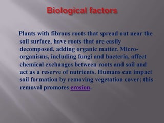 Plants with fibrous roots that spread out near the
soil surface, have roots that are easily
decomposed, adding organic matter. Micro-
organisms, including fungi and bacteria, affect
chemical exchanges between roots and soil and
act as a reserve of nutrients. Humans can impact
soil formation by removing vegetation cover; this
removal promotes erosion.
 