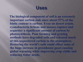 The biological component of soil is an extremely
important carbon sink since about 57% of the
biotic content is carbon. Even on desert crusts,
cyanobacteria lichens and mosses capture and
sequester a significant amount of carbon by
photosynthesis. Poor farming and grazing
methods have degraded soils and released much
of this sequestered carbon to the atmosphere.
Restoring the world's soils could offset some of
the huge increase in greenhouse gases causing
global warming while improving crop yields and
reducing water needs.
 