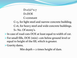 D=c(s)^0.7
D=DOE
C=constant
C=3, for light steel and narrow concrete building.
C=6, for heavy steel and wide concrete buildings.
S= No. Of storey's.
In case of road cuts DOE at least equal to width of cut.
For small fills, DOE (min) =2m below ground level or
equal to height of the fill, which is greater.
Gravity dams,
Min depth = 2 times height of dam.
 