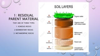 1: RESIDUAL
PARENT MATERIAL
THEY ARE OF THREE TYPES
1: IGNEOUS ROCKS
2:SEDIMENTARY ROCKS
3: METAMORPHIC ROCKS
 
