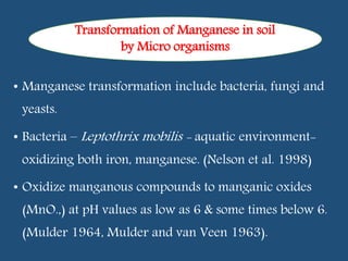 • Manganese transformation include bacteria, fungi and
yeasts.
• Bacteria – Leptothrix mobilis - aquatic environment-
oxidizing both iron, manganese. (Nelson et al. 1998)
• Oxidize manganous compounds to manganic oxides
(MnO.,) at pH values as low as 6 & some times below 6.
(Mulder 1964, Mulder and van Veen 1963).
Transformation of Manganese in soil
by Micro organisms
 