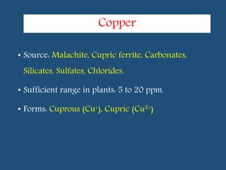 • Source: Malachite, Cupric ferrite, Carbonates,
Silicates, Sulfates, Chlorides.
• Sufficient range in plants: 5 to 20 ppm.
• Forms: Cuprous (Cu+), Cupric (Cu2+)
Copper
 
