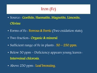 • Source- Goethite, Haematite, Magnetite, Limonite,
Olivine
• Forms of Fe- Ferrous & Ferric (Two oxidation state)
• Two fraction- Organic & mineral
• Sufficient range of Fe in plants : 50 – 250 ppm.
• Below 50 ppm – Deficiency appears young leaves-
Interveinal chlorosis.
• Above 250 ppm- Leaf bronzing.
Iron (Fe)
 