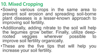 10. Mixed Cropping
•Sowing various crops in the same area to
prevent soil erosion and spreading soil-borne
plant diseases is a lesser-known approach to
improving soil fertility.
•Additionally, adding nitrate to the soil will help
the legumes grow better. Finally, utilize deep-
rooted veggies wherever possible to
improve soil fertility organically.
•These are the five tips that will help you
increase your soil fertility.
 