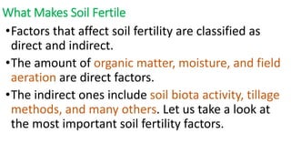 What Makes Soil Fertile
•Factors that affect soil fertility are classified as
direct and indirect.
•The amount of organic matter, moisture, and field
aeration are direct factors.
•The indirect ones include soil biota activity, tillage
methods, and many others. Let us take a look at
the most important soil fertility factors.
 